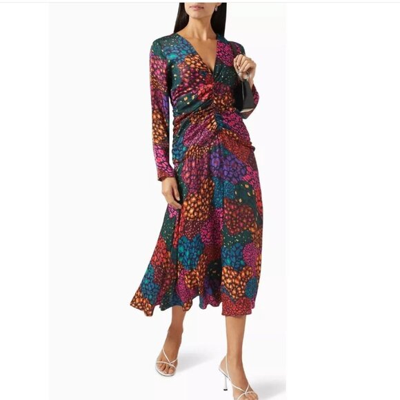 FARM Rio Midi Dress S Rainbow Hearts Lenzing Ecovero Viscose Ruching - Picture 1 of 11